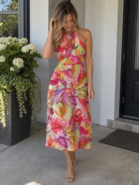FARM Rio Linen Multicolor Artsy Flora Halter Midi Dress size Medium NWT